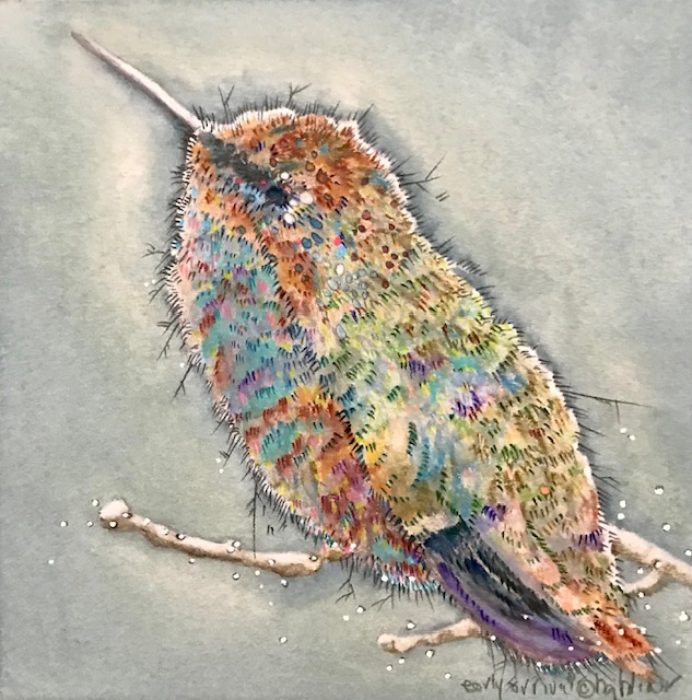 FRAMED 12.5 X 12.5 $640.00, hummingbird, snow, portrait, nature